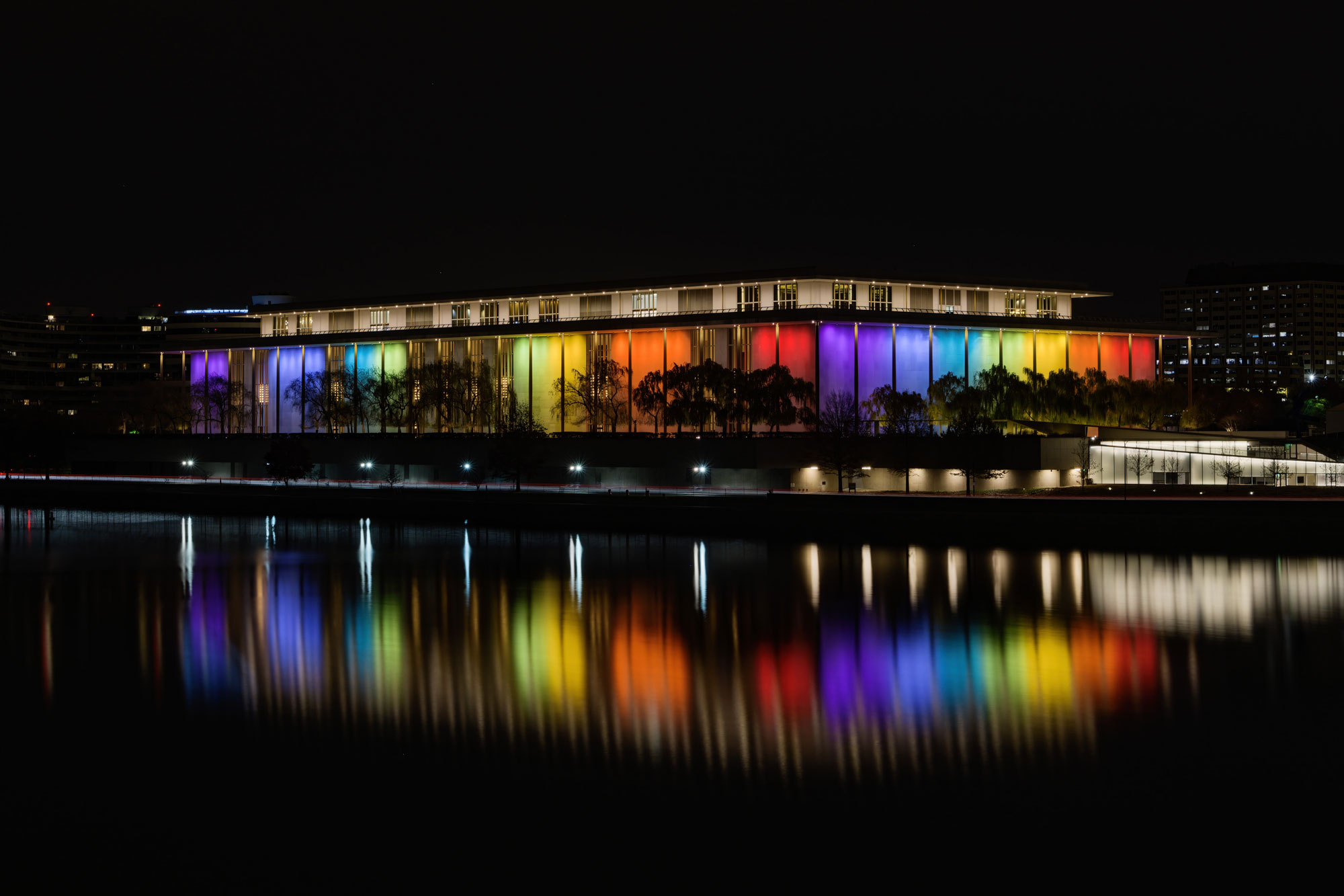 The Kennedy Center is seen lit in rainbow colors to celebrate the Kennedy Center Honors 44th honorees in 2021.