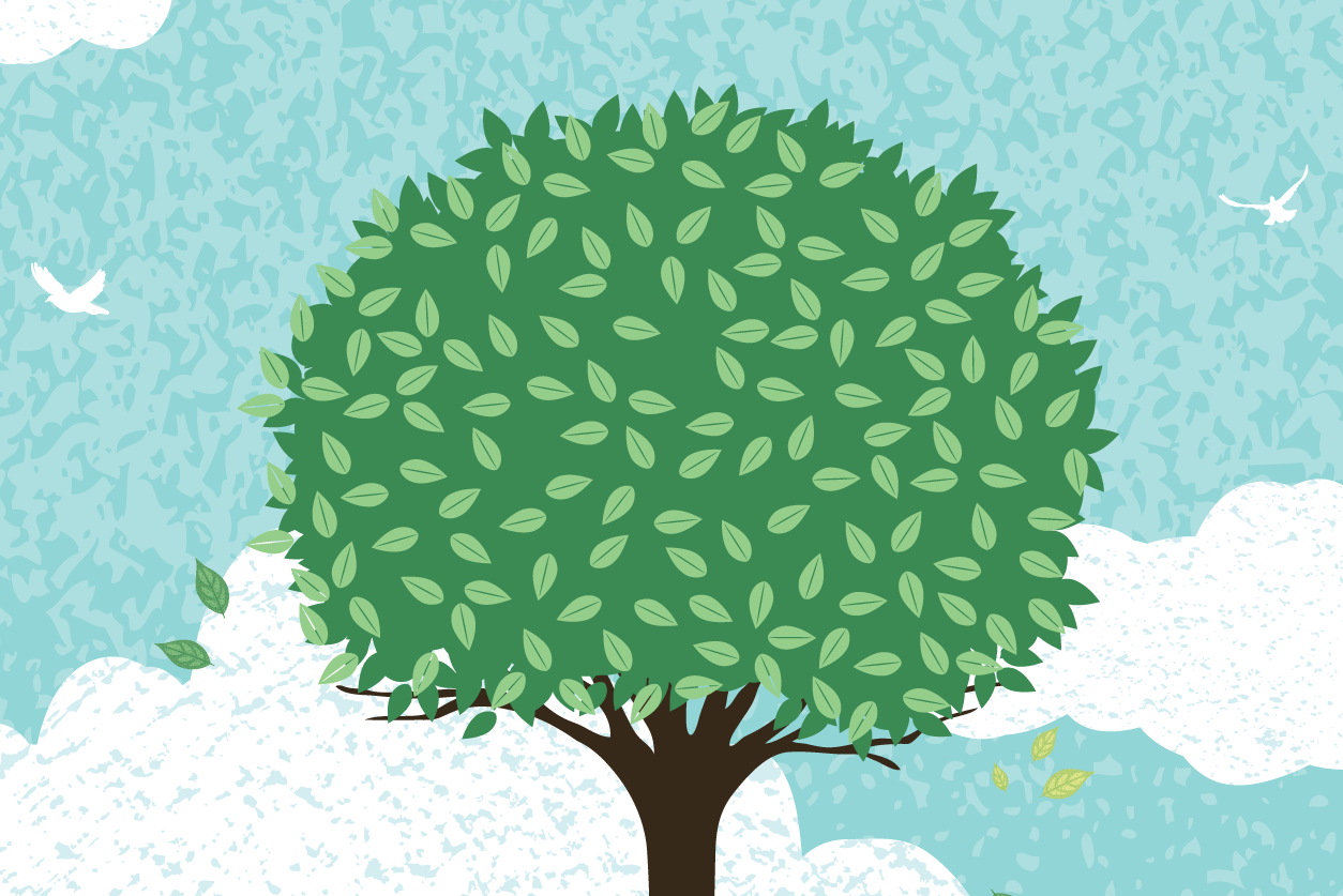 An illustration of a tree with a partly cloudy sky in the background.
